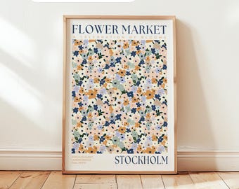 Stockholms blomstermarknad: Blå blommig poster, modern botanisk väggkonst, skandinavisk sovrumskonst