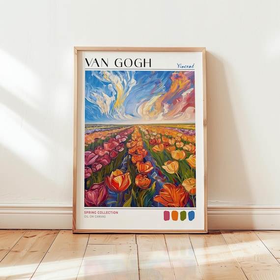 ゴッホのチューリップ畑のアートプリント：カラフルな花柄の壁飾り