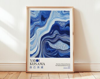 Yayoi Kusama havstryck: Japansk abstrakt poster, blå väggkonst, modern badrumskonst