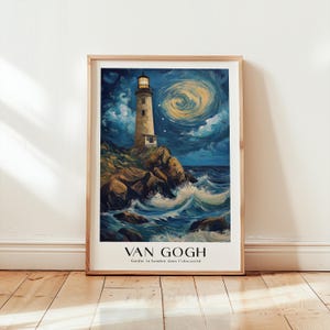 Van Gogh Sternennacht Leuchtturm Poster - Nachthimmel Gemälde - Blaues Badezimmer Drucke - Ozean Wandkunst - Stimmungsvolle Landschaft - Rocky Küstenlandschaft