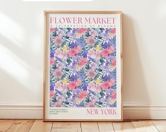 New York Flower Market-tryck: Rosa blommig poster, lavendel botanisk väggkonst, modern sovrumskonst