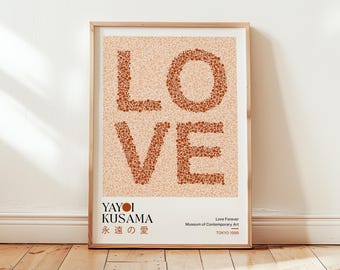 Yayoi Kusama Love Art Poster: Modern Japanese Print, Orange Wall Art, Typography Art