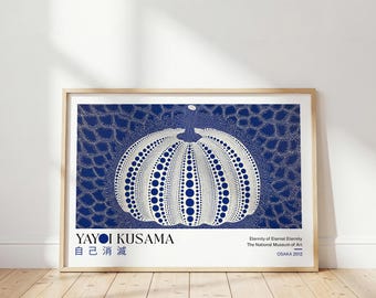 Yayoi Kusama Pumpatryck: Japansk blå poster, abstrakt prickig väggkonst, modern sovrumskonst