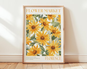 Flower Market Florence Wall Art: Sunflower Poster, Watercolour Floral Print, Yellow Kitchen Wall Decor