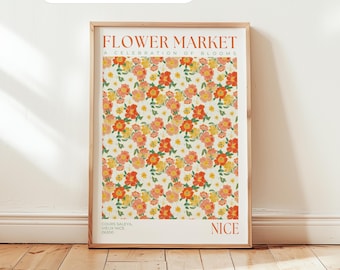 Nice Flower Market Print: South Of France Poster, Coral Pink Floral Wall Art, Travel Wall Decor
