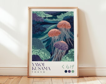 May include: A framed art print featuring a stylized illustration of jellyfish in a sea scene. The artwork uses shades of blue, green, and purple. The print includes the text "YAYOI KUSAMA TOKYO" and Japanese characters.