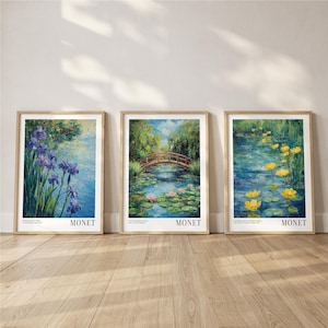 Set of 3 Claude Monet Prints - Bridge Art Poster - Floral Wall Decor - Water Lily Painting - Blue River Art - Set of Three Flower Posters