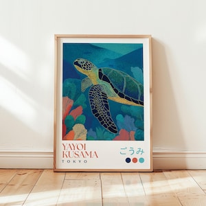 Yayoi Kusama Schildkröte Art Print - Blaues Ozean Poster - Leben im Meer Wandkunst - Blaues Badezimmer Dekor - Japanische Kunst - Kusama Poster - Meereskreatur