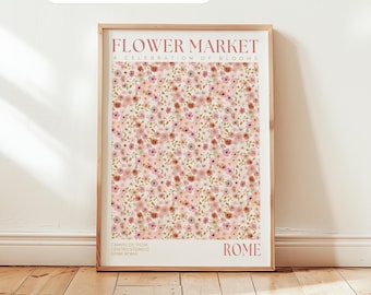 Tryck av Roms blomstermarknad: Rosa blommig poster, Blush botanisk väggkonst, Vårtapet för barnrum