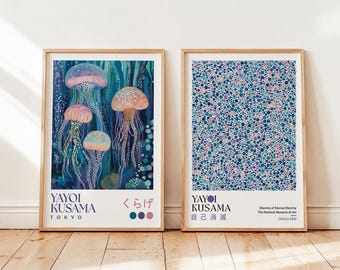 Yayoi Kusama Jellyfish Set of Two Prints: Abstract Dot Wall Decor, Bedroom Art, Modern Japanese Poster