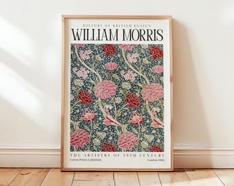 William Morris blommönster: Rosa vintageposter, viktoriansk botanisk väggkonst, blå vardagsrumskonst