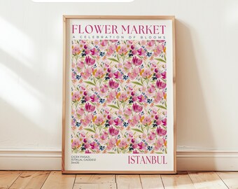 Istanbuls blomstermarknadstavla: Rosa blommig poster, botanisk tulpanväggkonst, färgglad sovrumskonst
