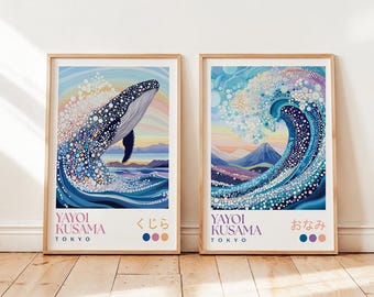 Yayoi Kusama Whale Set of Two Prints: Blue Wall Decor, Abstract Dot Art, Living Room Poster