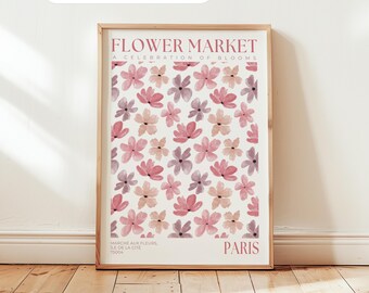Paris blomstermarknadstavla: Rosa blommig poster, malva botanisk väggkonst, vårlig sovrumskonst