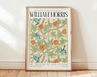 William Morris fågeltryck: Vintage spaljéposter, grön rosväggkonst, engelsk trädgårdskonst