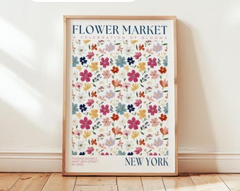 New York City Flower Market Print: USA Travel Wall Art, Blue And Pink Bedroom Poster, Colorful Floral Art