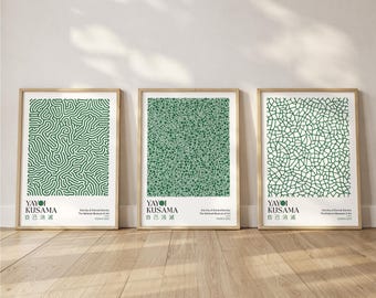Yayoi Kusama Set of 3 Prints: Modern Japanese Art, Polka Dot Wall Decor, Forest Green Poster