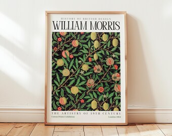 William Morris frukttryck: Vintage botanisk affisch, viktoriansk grön väggkonst, granatäpple kökskonst