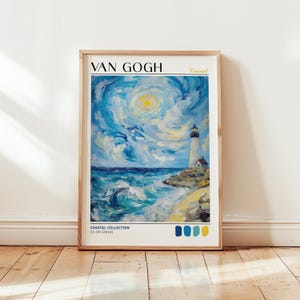 Van Gogh-inspired coastal poster leaning against a white wall on a wooden floor, lit by soft natural sunlight. The artwork depicts a swirling blue sea, crashing waves, and a white lighthouse on a rocky shore beneath a dramatic yellow sun. Thick impasto brushstrokes create a textured, energetic sky. “Coastal Collection” and a strip of four bold color swatches are printed below the painting.