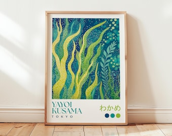 Yayoi Kusama Seaweed Poster: Green Underwater Wall Art, Teal Bathroom Print, Botanical Kelp Wall Decor, Japanese Ocean Art