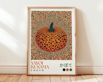 草間彌生のオレンジプリント：カラフルな水玉模様の秋のウォールアート