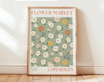 Köpenhamns blomstermarknad: Grön blommig poster, vit prästkrage väggkonst, vårlig kökskonst