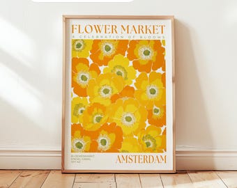 Amsterdam Flower Market Poster: Yellow Kitchen Prints, Travel Wall Art, Modern Floral Art