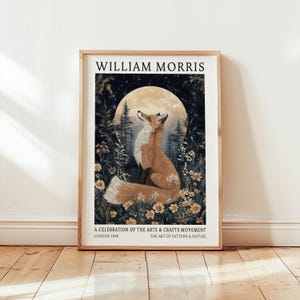 Impresión de William Morris Fox Moon - Póster de animales - Arte mural negro - Decoración del hogar - Arte para el dormitorio - Póster de noche vintage - Regalo para mamá