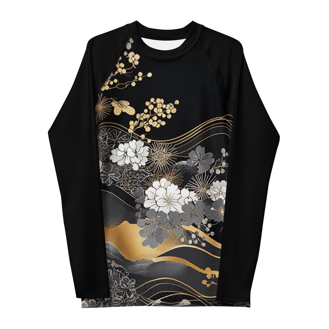 Traditional Japanese Pattern Men's Rash Guard - NEO KIMONO Black/gold ...