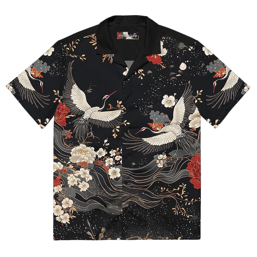 Japanese Line Pattern Top Traditional Japanese Pattern Button-up Shirts - NEO KIMONO Tsuru(crane ...
