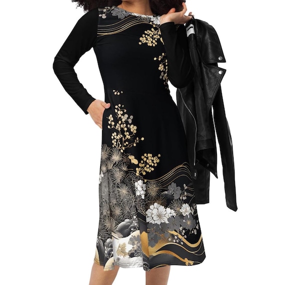 Traditional Japanese Pattern Long sleeve dress - NEO KIMONO Black/Gold