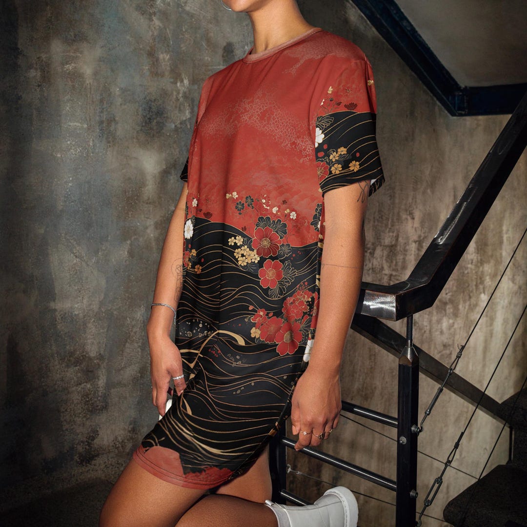 Japanese Line Pattern Top Traditional Japanese Pattern T-shirts Dress - NEO KIMONO Flower&wave ...