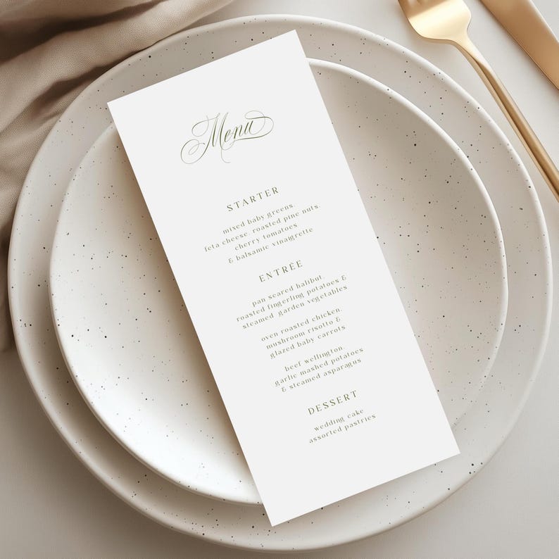 Editable Olive Green Wedding Menu Template, Calligraphy Script, Old ...