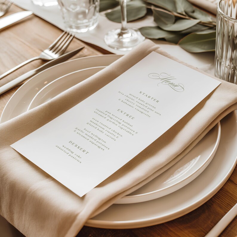 Editable Olive Green Wedding Menu Template, Calligraphy Script, Old ...