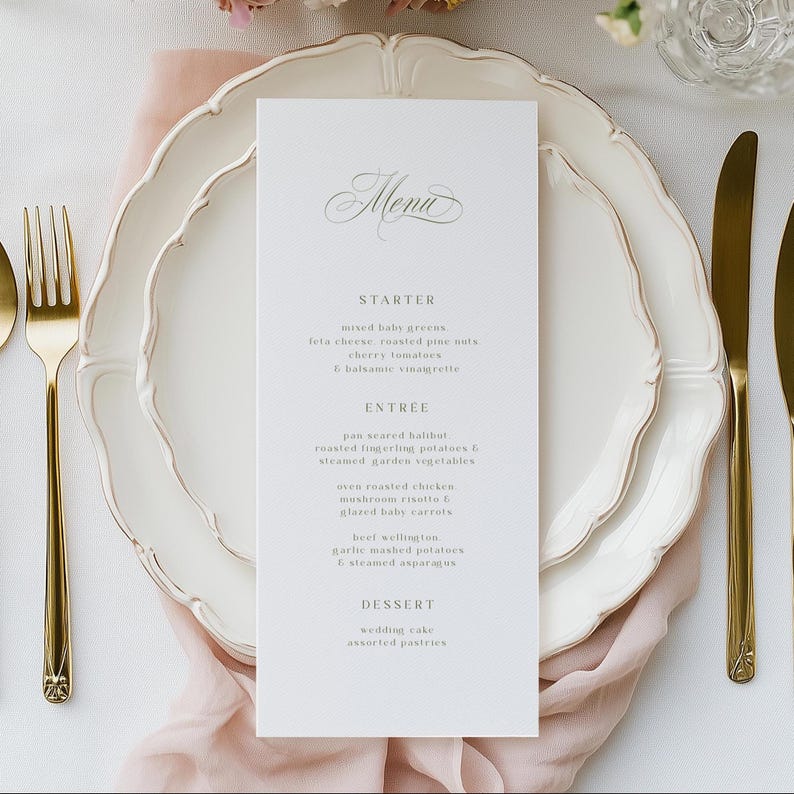 Editable Olive Green Wedding Menu Template, Calligraphy Script, Old ...