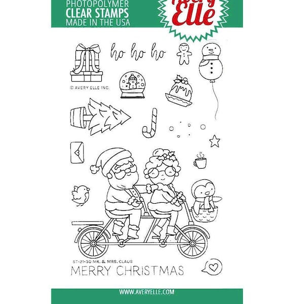 Avery Elle, Clear Stamps, Christmas Stamps, Mr & Mrs Claus Stamp, Santa Riding Tandem Bicycle, Gifts Stamps, Snow Globe, Photopolymer