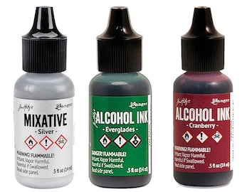 Ranger, Tim Holtz, Alcohol Ink, Christmas Set 2, 3 Inks, .5oz Bottles, Silver Mixative, Everglades Green Ink, Cranberry Red Ink