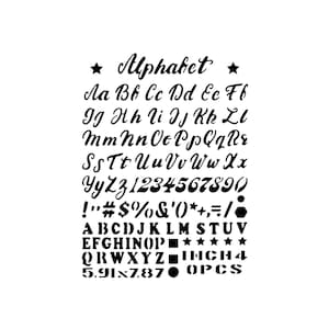 May include: A white background features black lettering and symbols. The word "Alphabet" is written in cursive, with the alphabet in both uppercase and lowercase. Numbers, punctuation, and symbols are also included. The text "INCH 4" and measurements are present.
