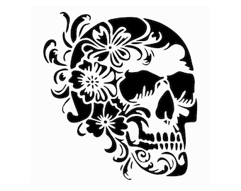 Really Great Stencils, Skull & Flowers 1 Stencil, 6x6", Card Front, Skeleton Head, Gothic Skulls, Halloween, Floral, Dark Image, Side View