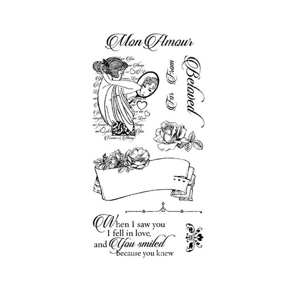 Graphic 45, Mon Amour, Cling Rubber Stamps, Woman in Mirror Stamp, Romance Stamp, Beloved Sentiment, Floral Banner, Set 1