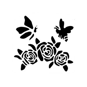 Vraiment super pochoirs, mini, roses et amis, pochoir fleurs, 3 x 3 pi, réutilisables, fleurs, papillon, abeille, été, jardin, vol, rose