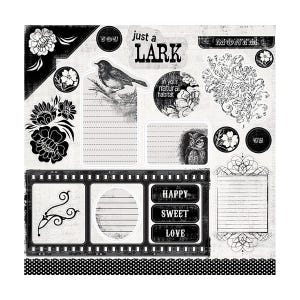 My Mind's Eye、Meadowlark Dusk コレクション、ダイカット、ジャーナリング、アクセサリーシート、花、鳥、フクロウ、2 x 12 インチのカード用紙、白黒