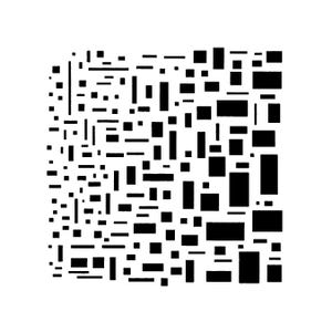 May include: Abstract black and white geometric design. The artwork features a square composition filled with various sized black rectangles, squares, and lines against a white background. The shapes are arranged in a seemingly random pattern.