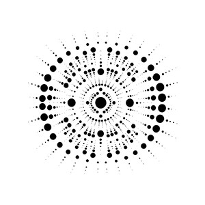 Op de afbeelding: Een zwart-wit grafisch ontwerp met een centrale massieve cirkel omringd door concentrische ringen van stippen in verschillende groottes en dunne uitstralende lijnen, wat een symmetrisch, stervormig patroon op een witte achtergrond vormt.