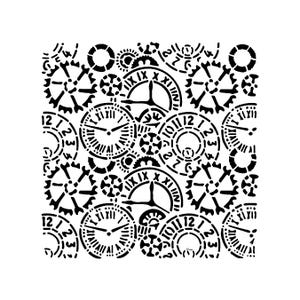May include: A black and white stencil design with a repeating pattern of clock faces, gears, and Roman numerals. The clocks show the numbers 12, 1, 2, 3, 10, and 11. The design has a steampunk or industrial aesthetic.