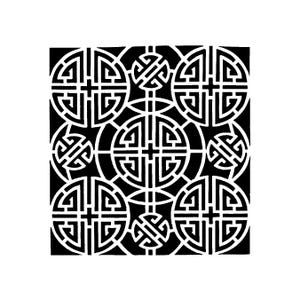 May include: A black and white geometric pattern featuring a repeating design of circular and square shapes. The design has a symmetrical arrangement of interlocking elements, creating a visually complex and balanced composition. The pattern is suitable for various decorative applications.