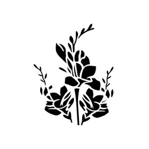 May include: A black floral design against a white background. The design features stylized flowers and leaves, creating a symmetrical, elegant composition. The artwork is a silhouette, with solid black shapes defining the floral elements.