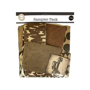 May include: A sampler pack of 1/4 sheet patterned paper in brown, tan, and black. The pack includes a variety of patterns, including camouflage, polka dots, and geometric designs. The pack also includes a piece of burlap fabric and a vintage-style phone image.