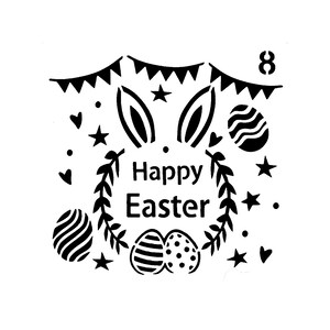 May include: Black and white Easter-themed graphic with bunny ears, stars, hearts, and decorated eggs. The words "Happy Easter" are in the center, surrounded by a wreath. A banner with flags is at the top, and the number 8 is in the upper right corner.