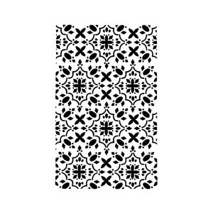 May include: A rectangular stencil featuring a repeating black pattern on a white background. The design consists of intricate geometric shapes, including four-pointed stars, diamonds, and curved lines arranged in a symmetrical tile-like grid.